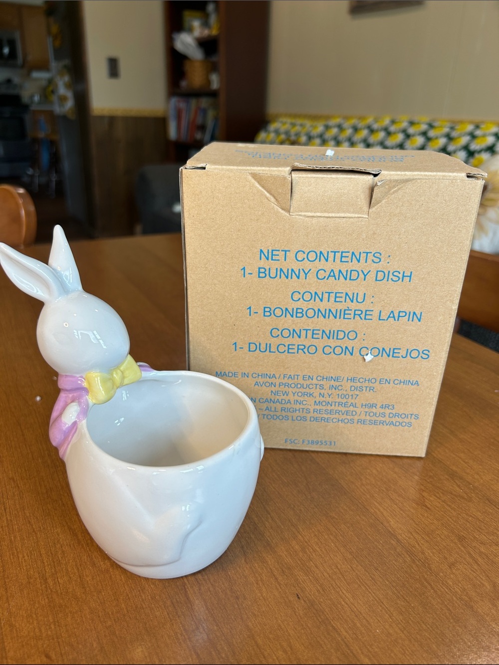 2015 Avon Ceramic Bunny Candy Dish - White with Yellow & Pink Bow